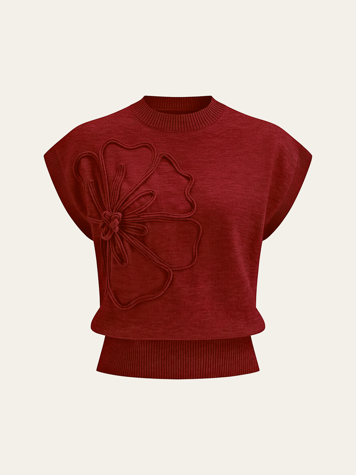 Flower Applique Cap Sleeve Knit Top-Chicvia