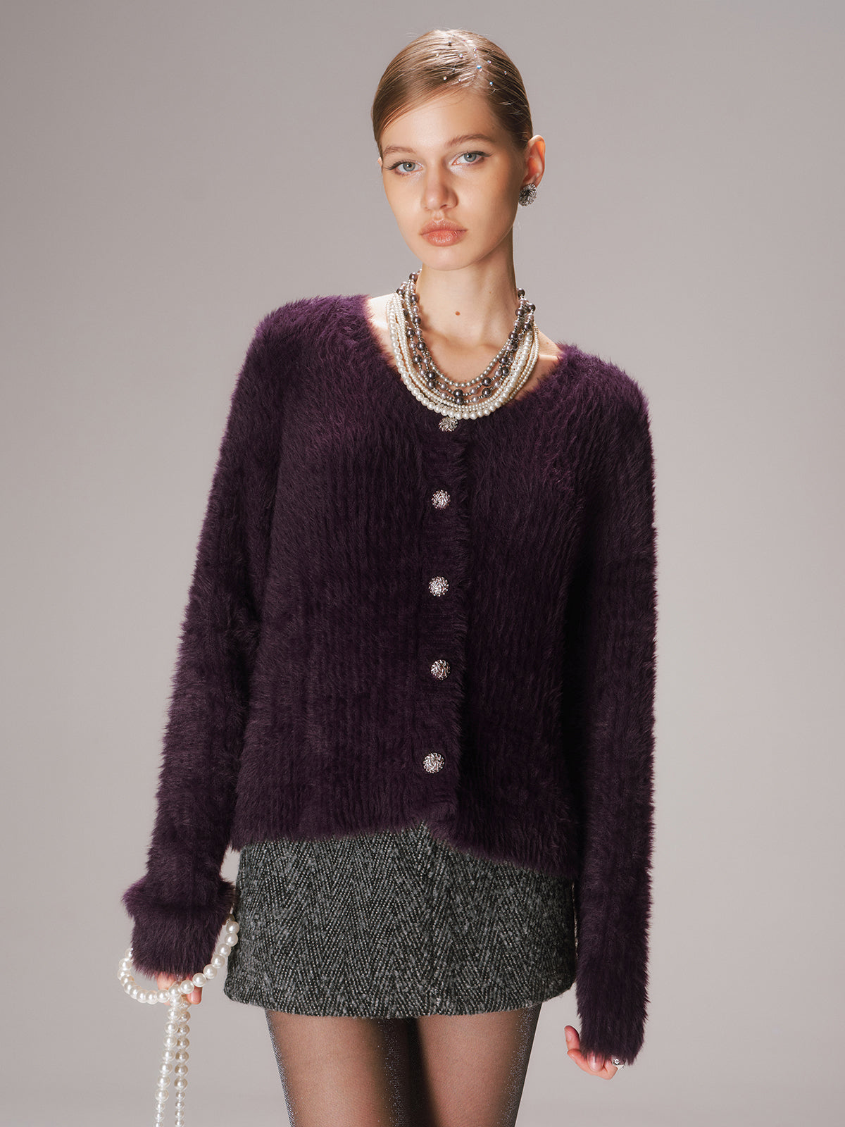 Button-Front Fuzzy Knit Cardigan-Chicvia