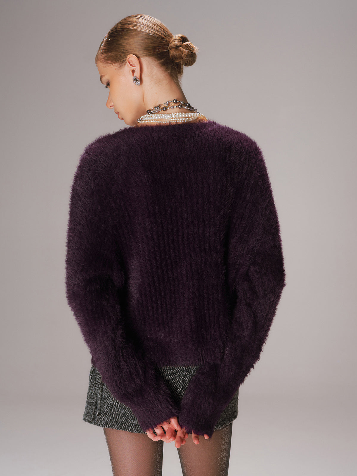 Button-Front Fuzzy Knit Cardigan-Chicvia