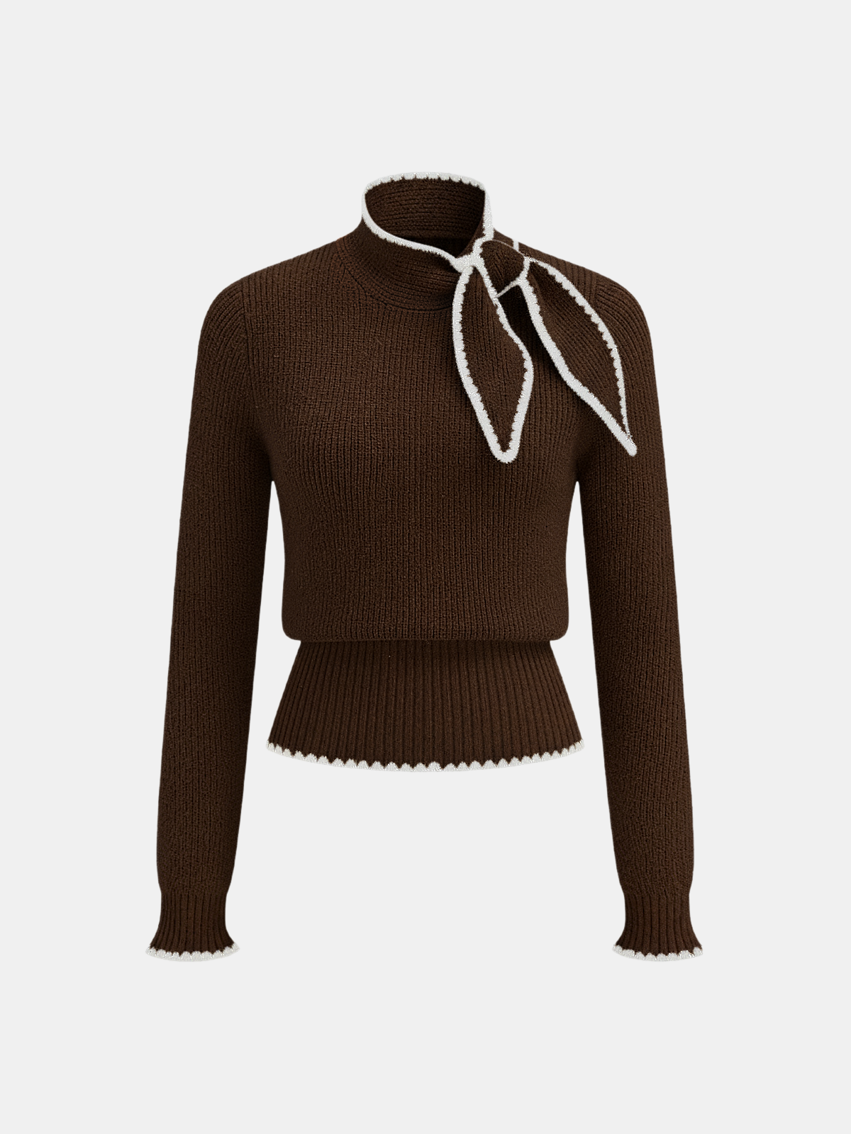 Mock Neck Tie Neck Contrast Stitch Sweater-Chicvia