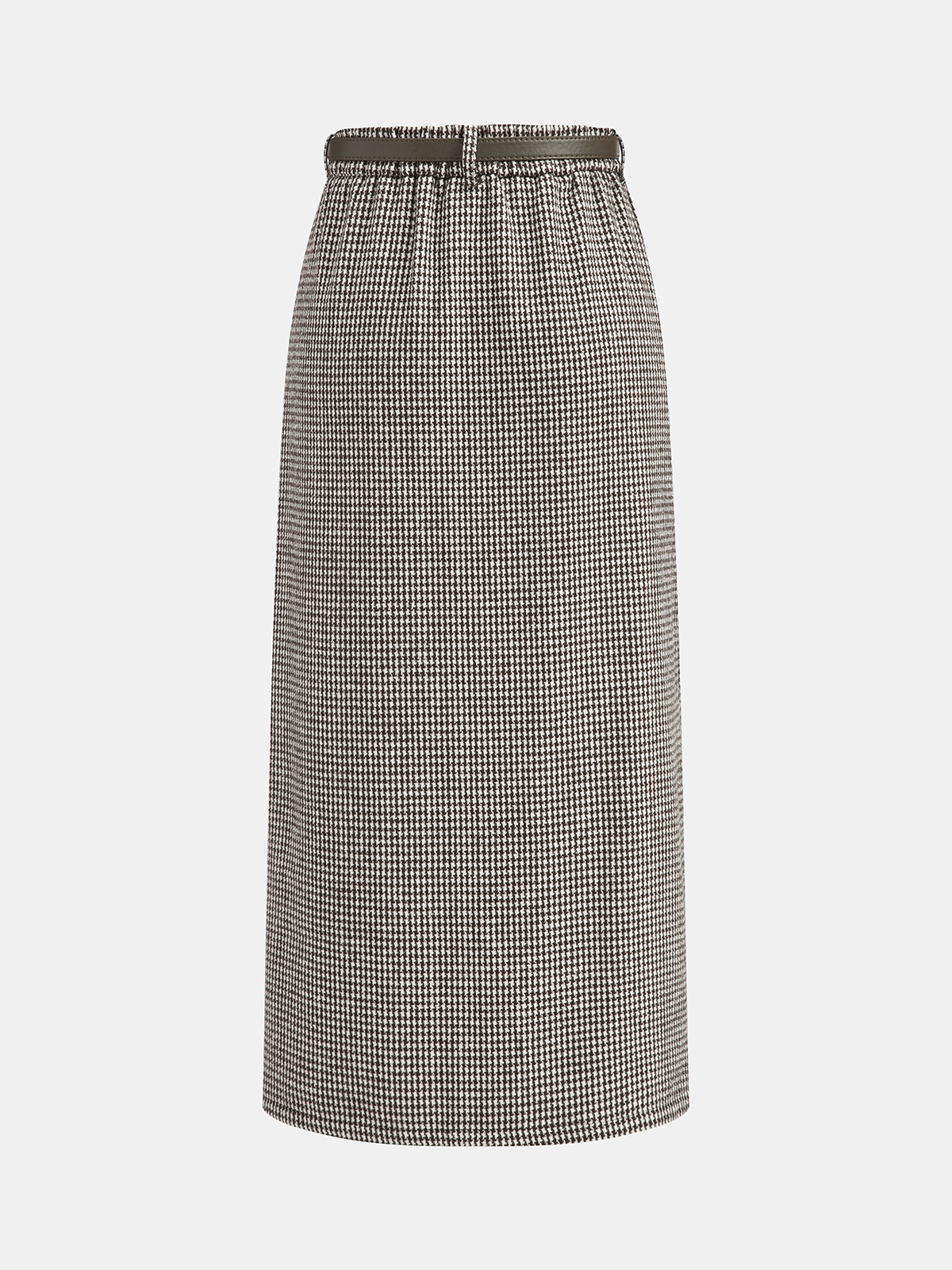 Houndstooth Tweed Belted Midi Skirt-Chicvia