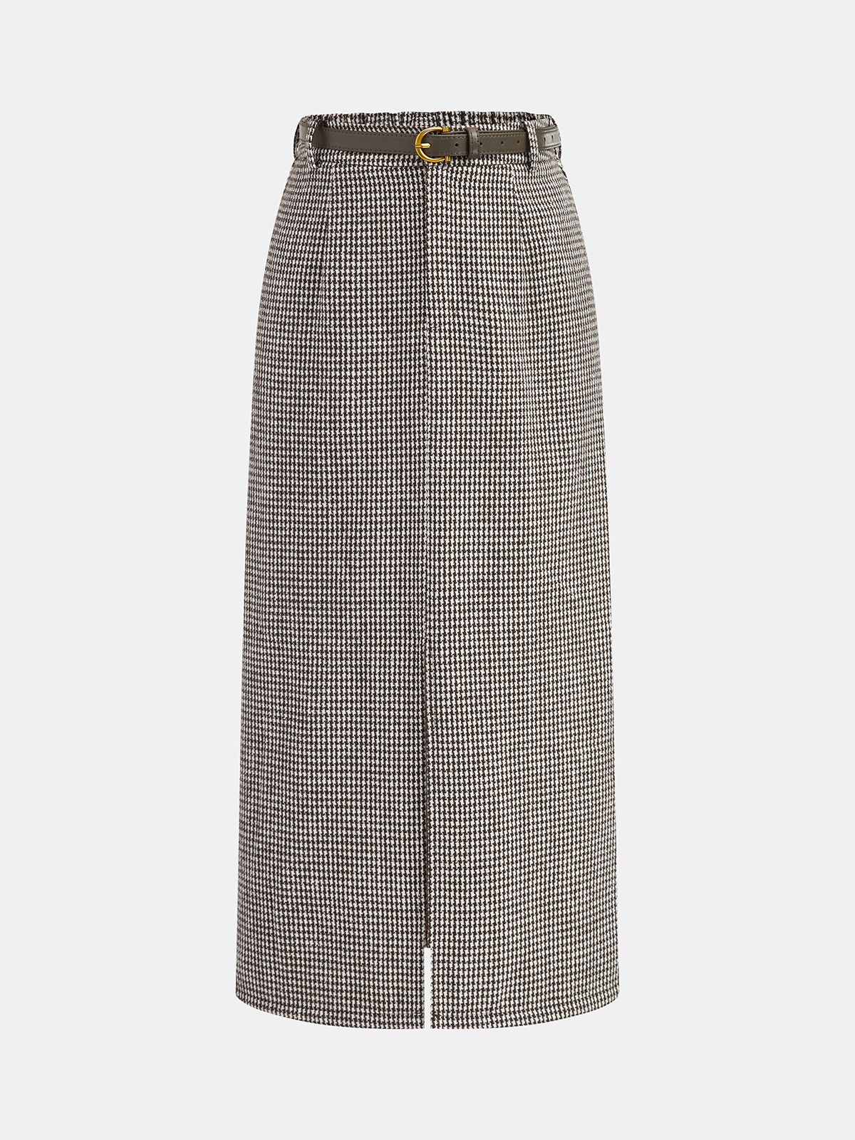 Houndstooth Tweed Belted Midi Skirt-Chicvia