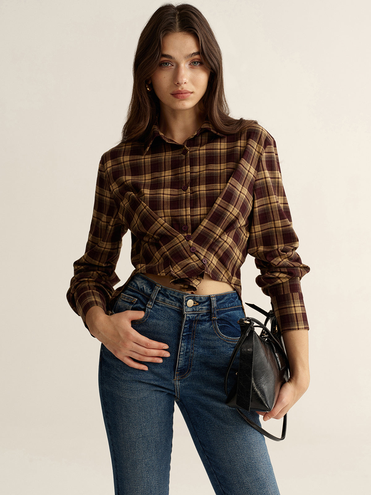 Knot Detail Button-Front Plaid Cropped Shirt-Chicvia