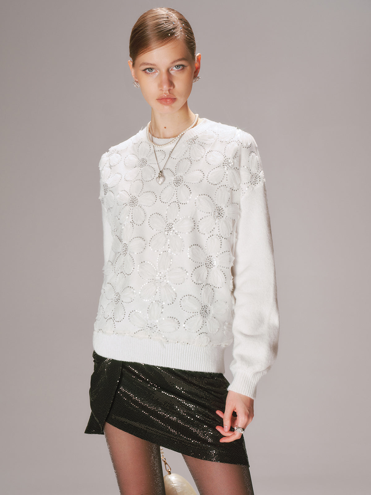 Floral Sequin Mesh Detail Sweater-Chicvia