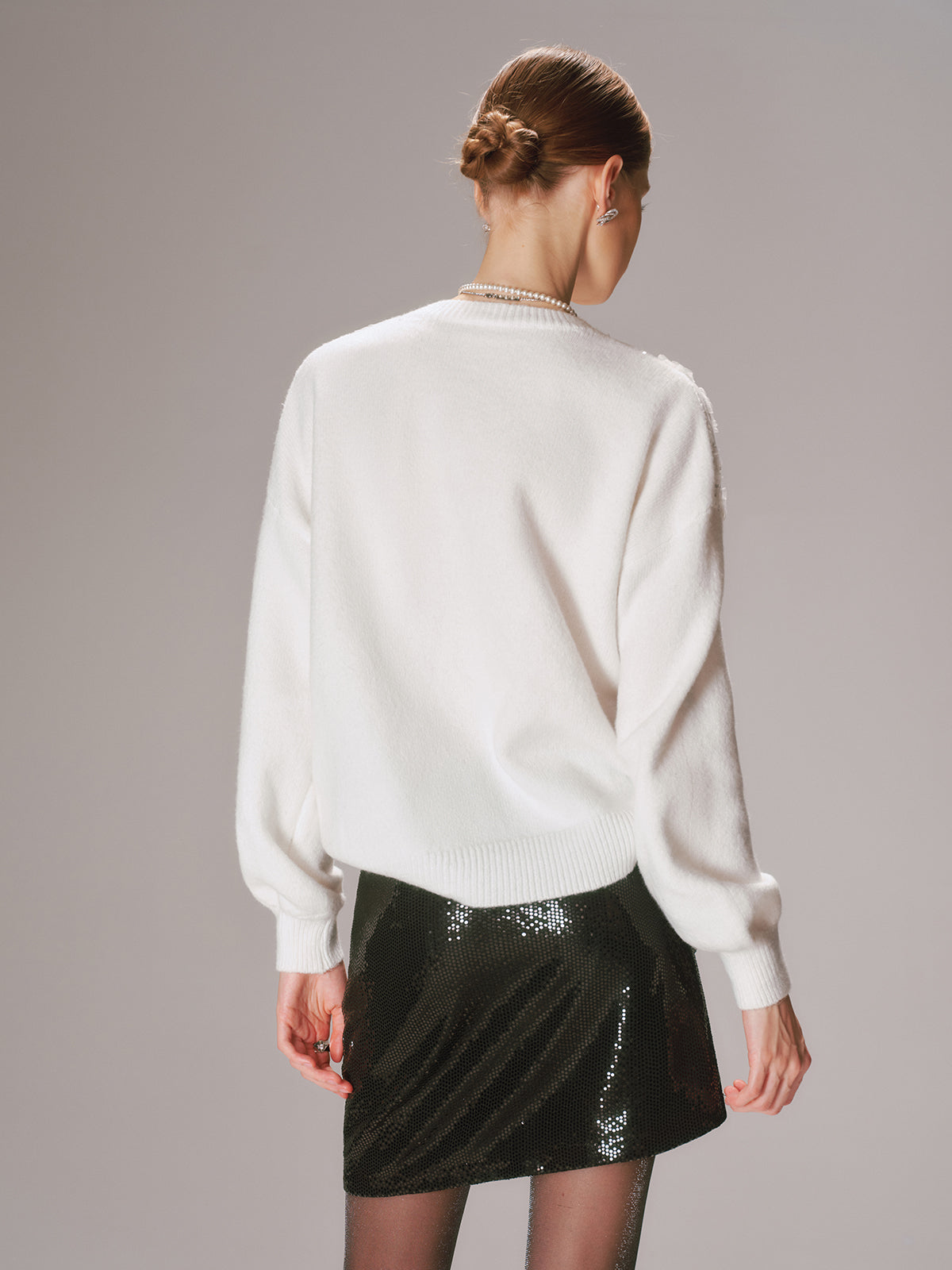 Floral Sequin Mesh Detail Sweater-Chicvia