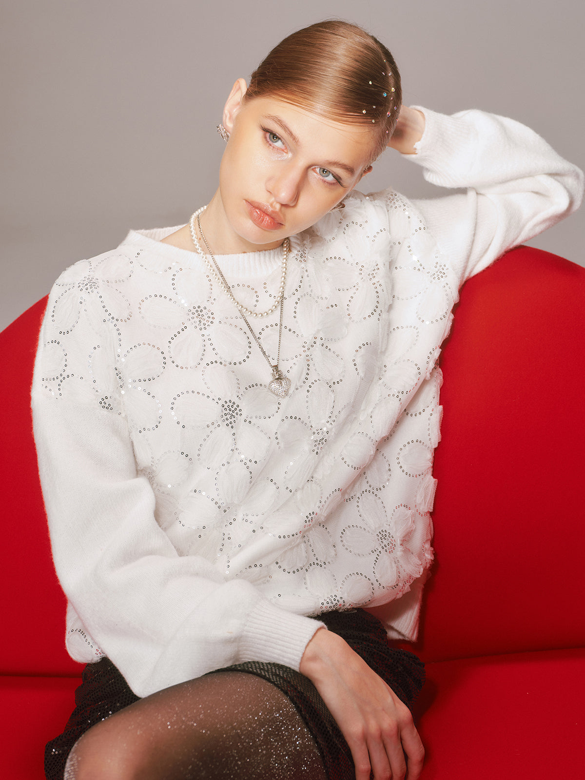 Floral Sequin Mesh Detail Sweater-Chicvia