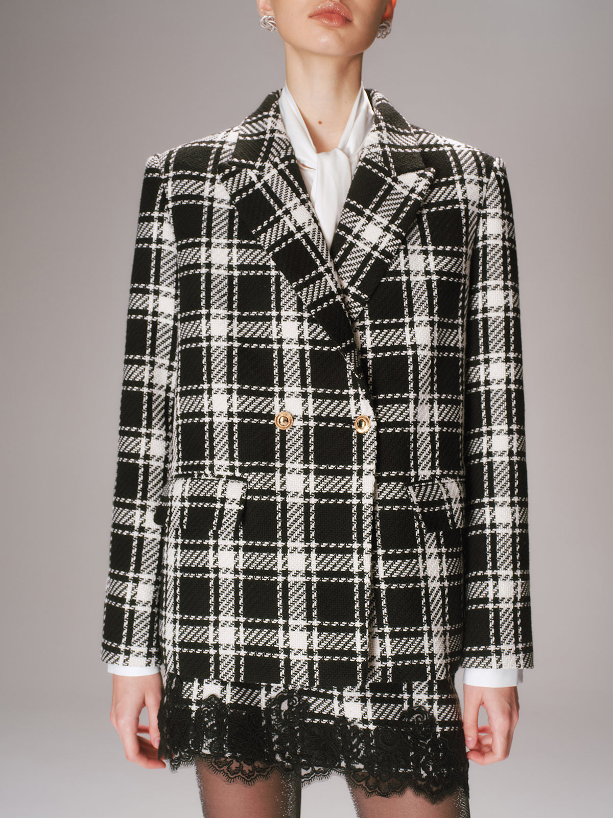 Metal Button Plaid Tweed Blazer-Chicvia
