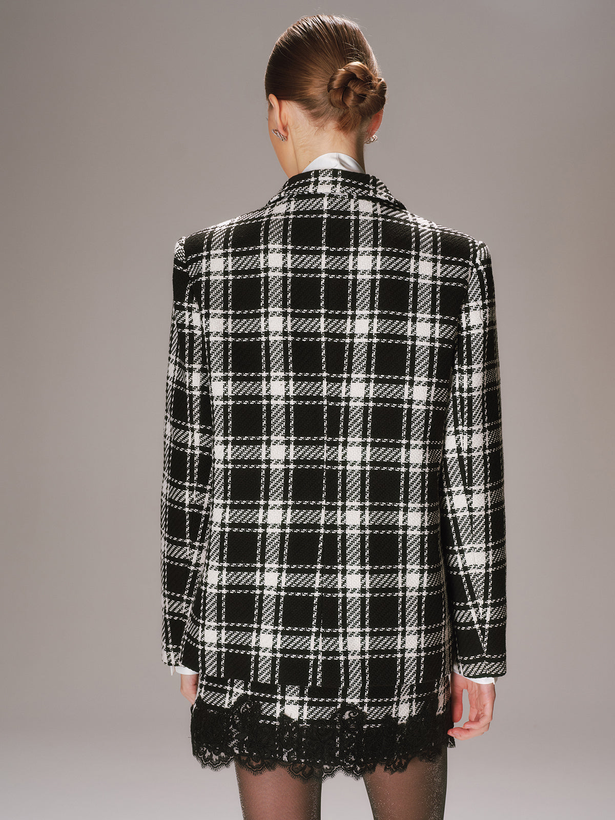 Metal Button Plaid Tweed Blazer-Chicvia