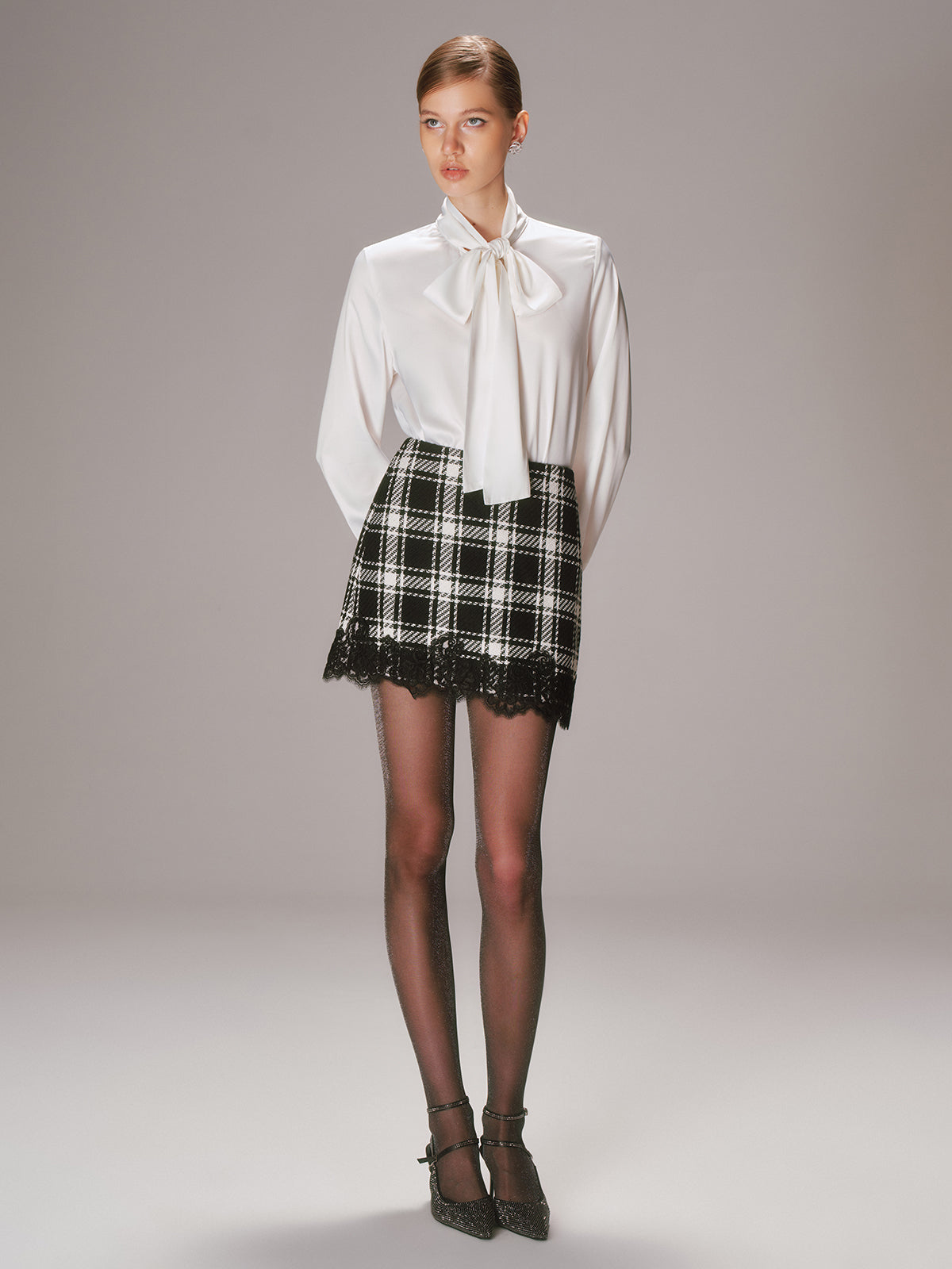 Lace Trim Plaid Tweed Mini Skirt-Chicvia