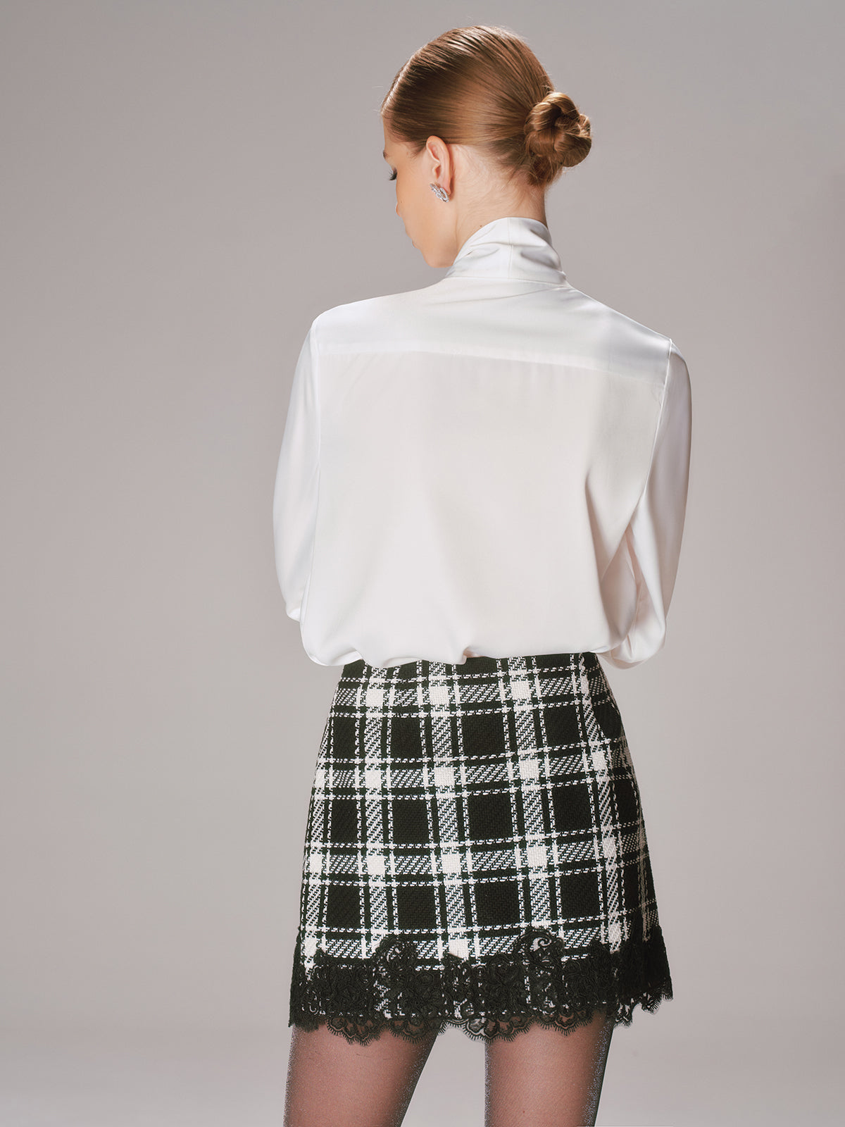 Lace Trim Plaid Tweed Mini Skirt-Chicvia