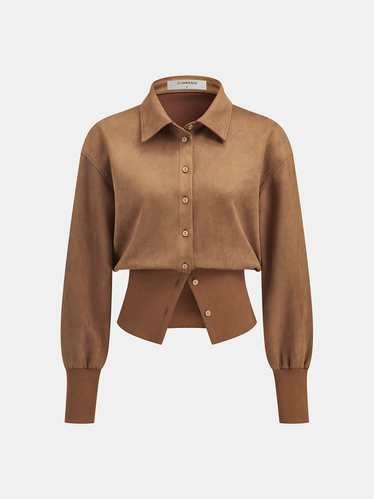 Cinched Waist Button-Front Suede Effect Shirt-Chicvia
