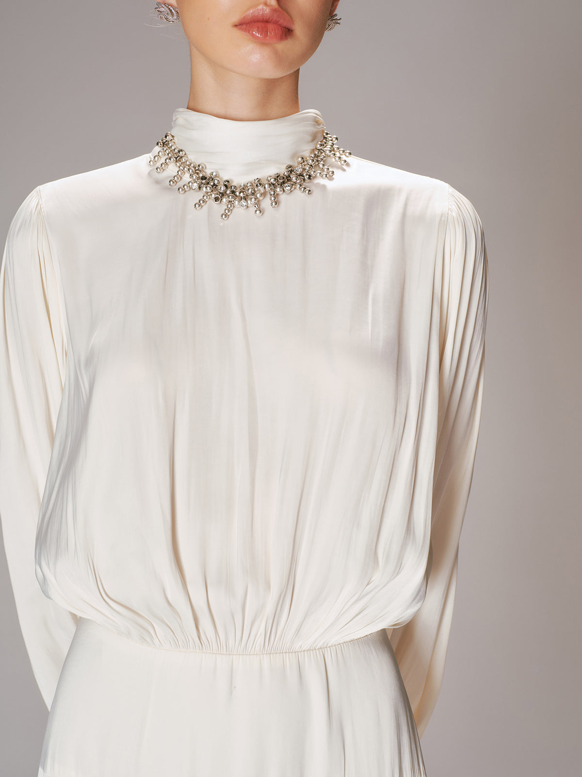 High Neck Long-Sleeve Maxi Dress-Chicvia