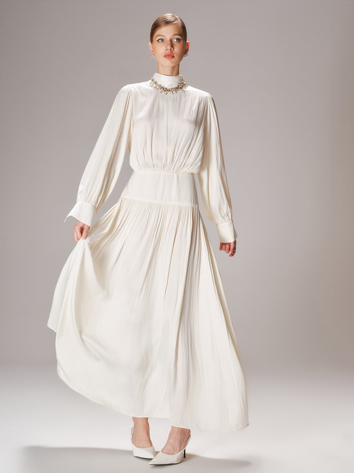 High Neck Long-Sleeve Maxi Dress-Chicvia