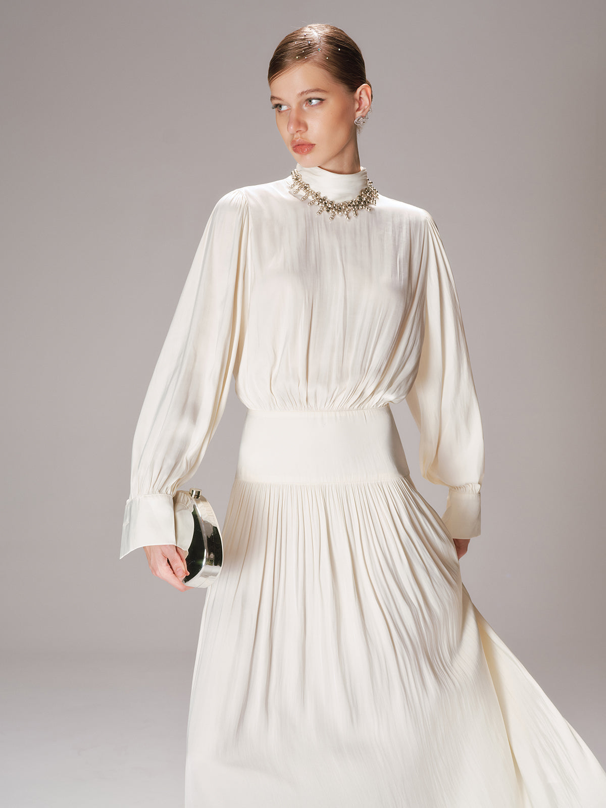 High Neck Long-Sleeve Maxi Dress-Chicvia