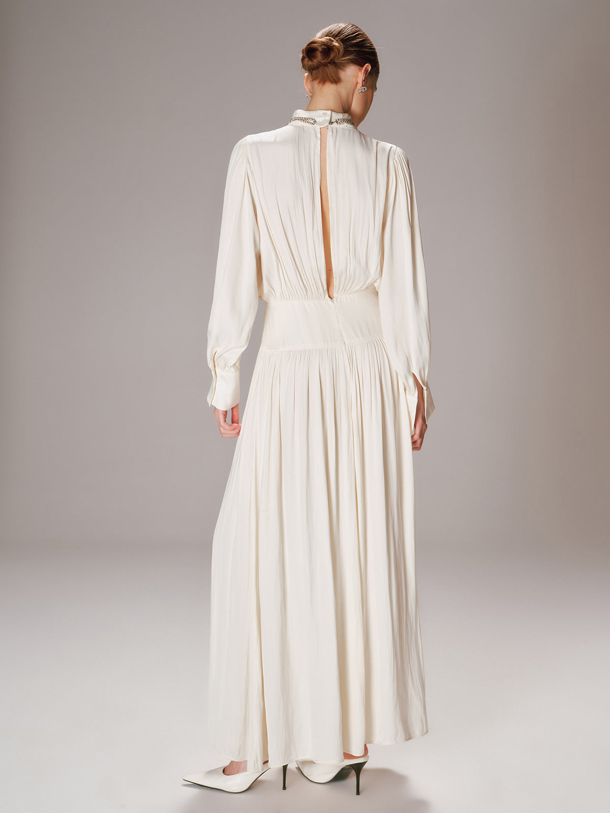 High Neck Long-Sleeve Maxi Dress-Chicvia