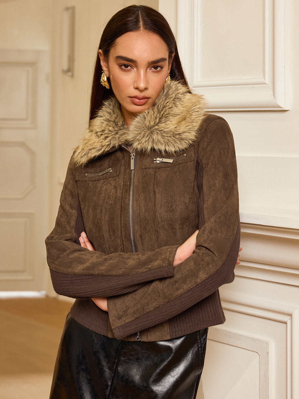 Faux Fur Collar Knit Panel Suede Effect Jacket-Chicvia