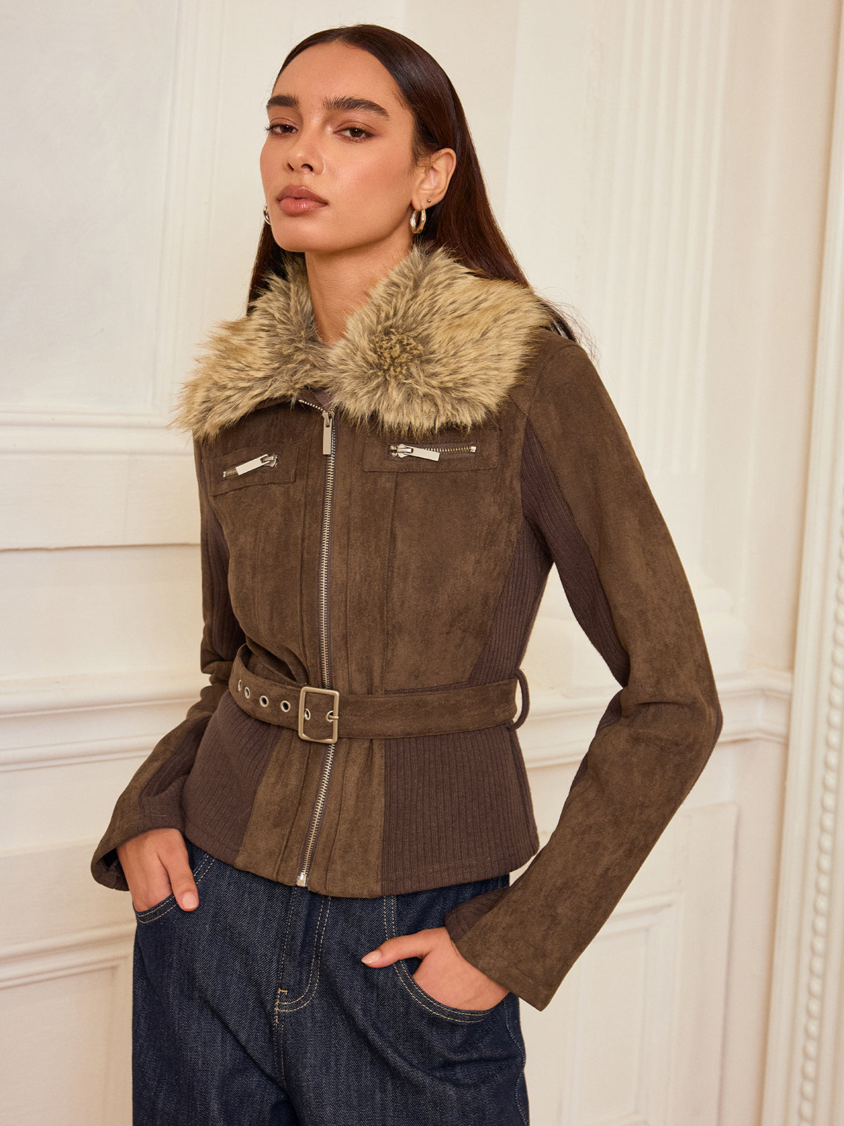 Faux Fur Collar Knit Panel Suede Effect Jacket-Chicvia