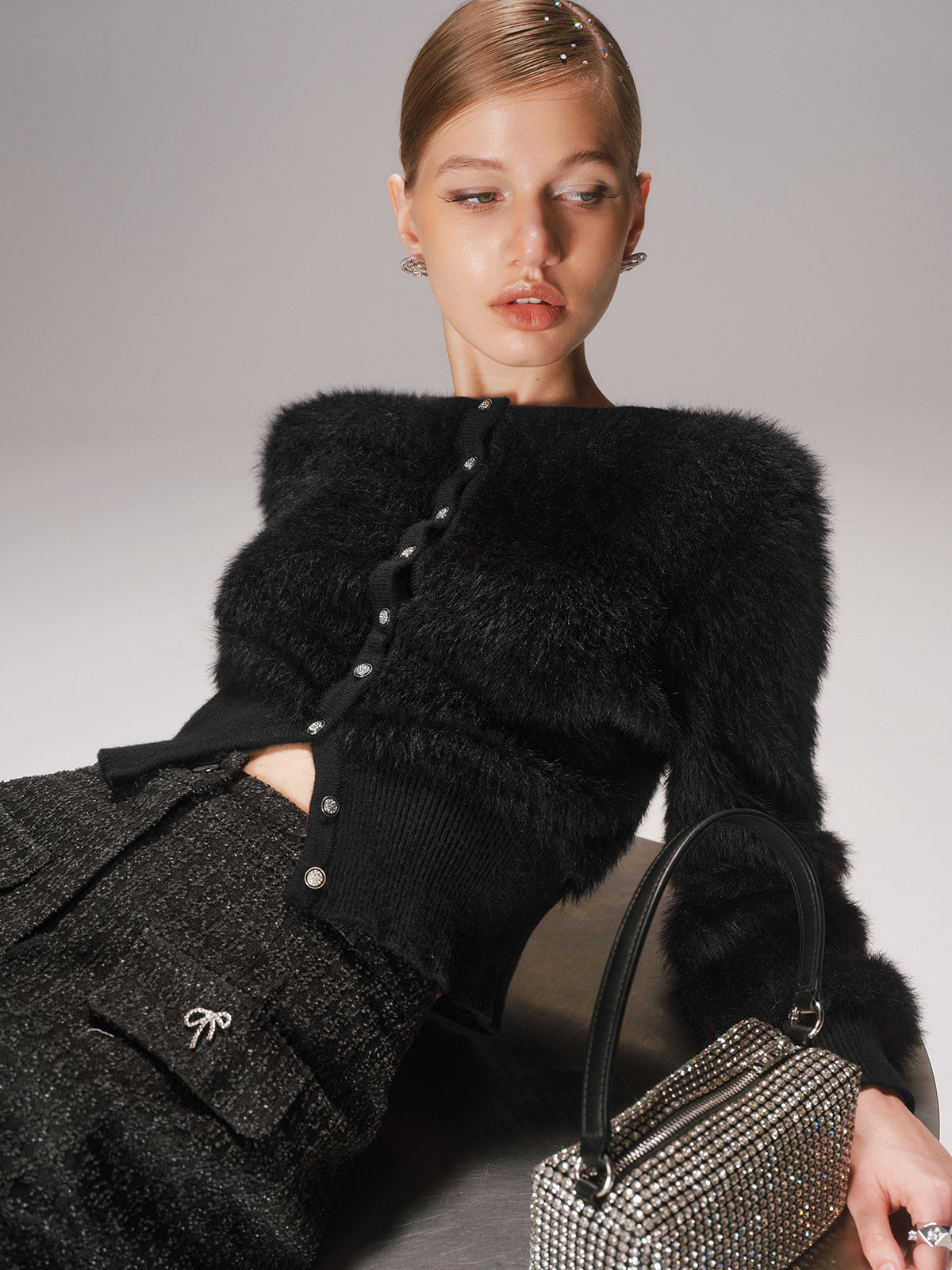 Button-Front Faux Mink Cropped Cardigan-Chicvia