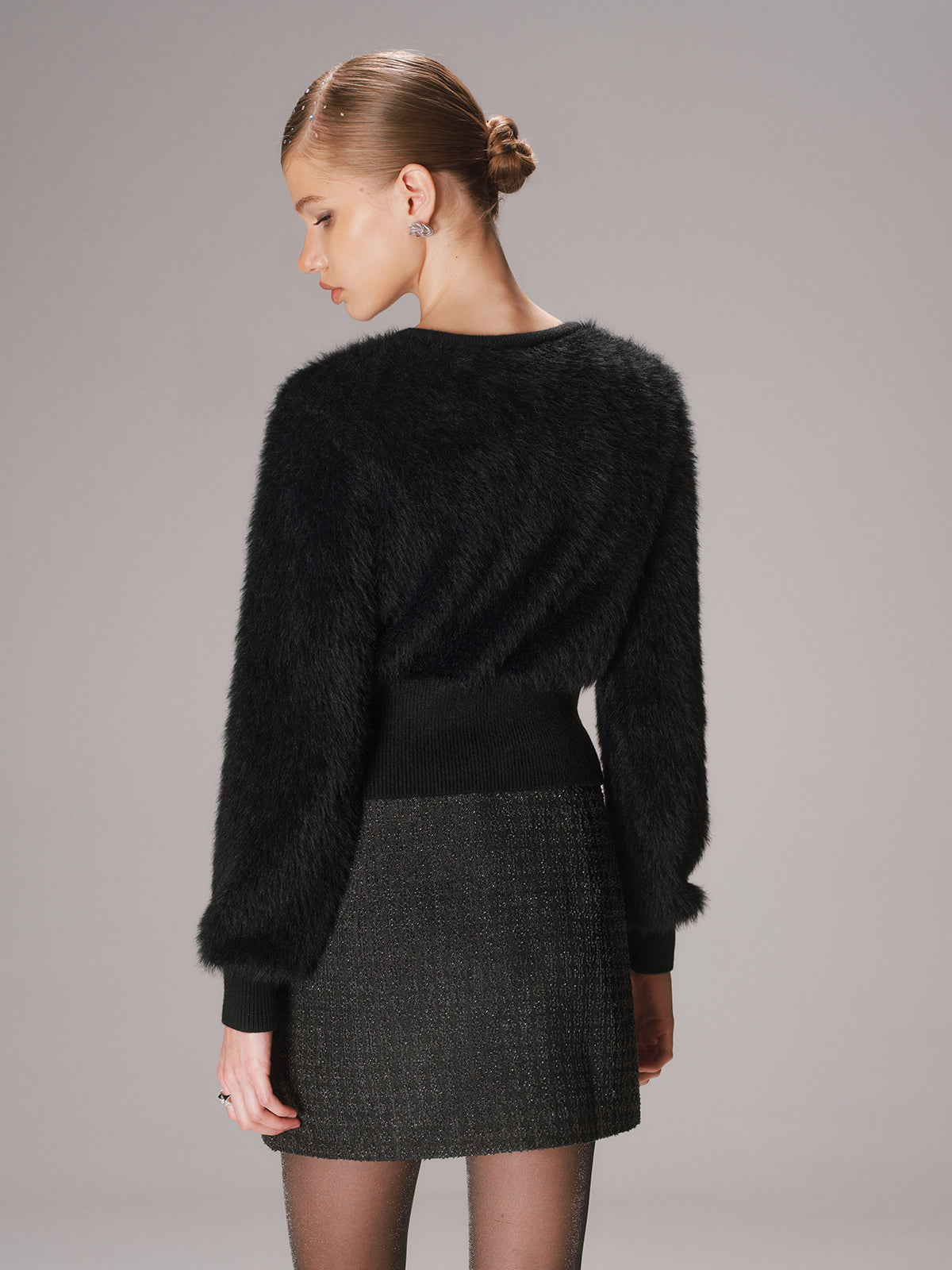 Button-Front Faux Mink Cropped Cardigan-Chicvia