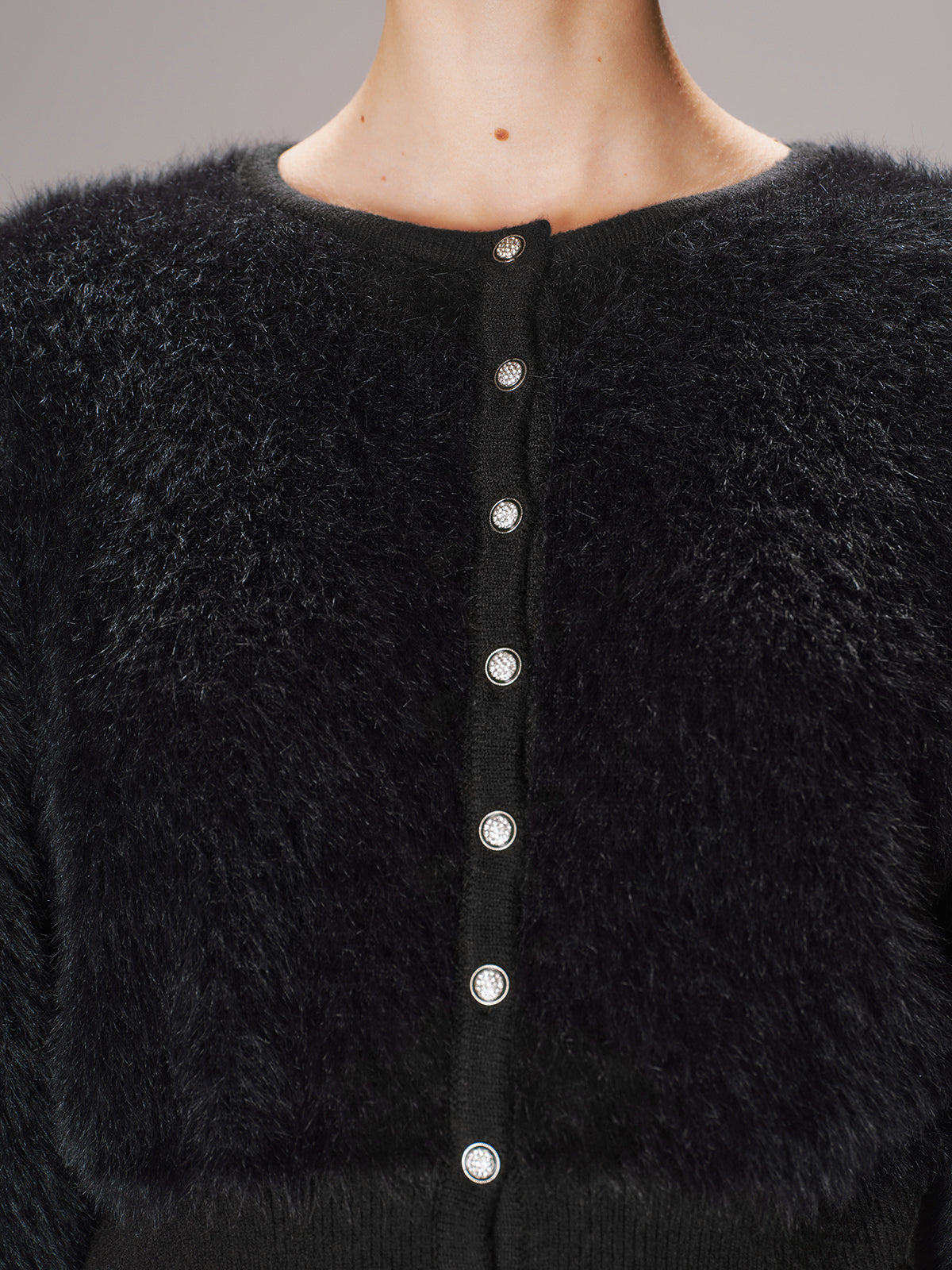 Button-Front Faux Mink Cropped Cardigan-Chicvia