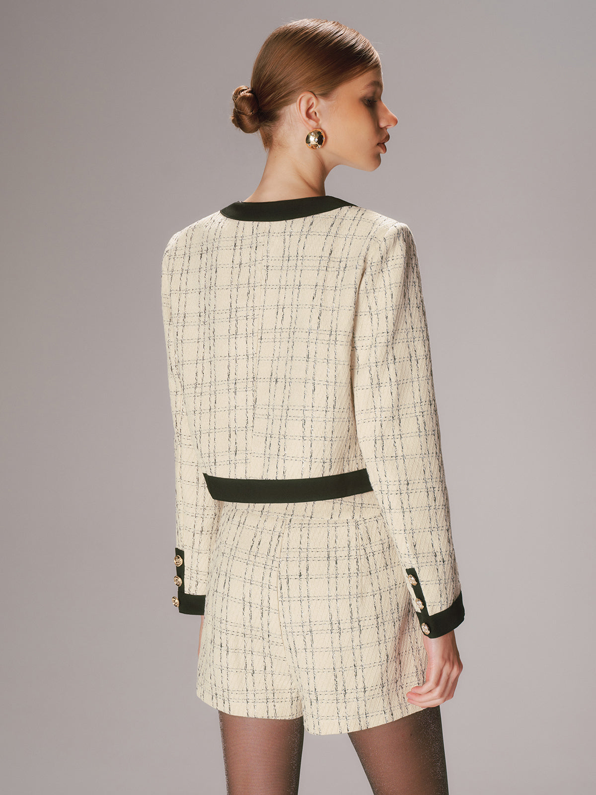 Contrast Trim Tweed Jacket and Shorts Set-Chicvia