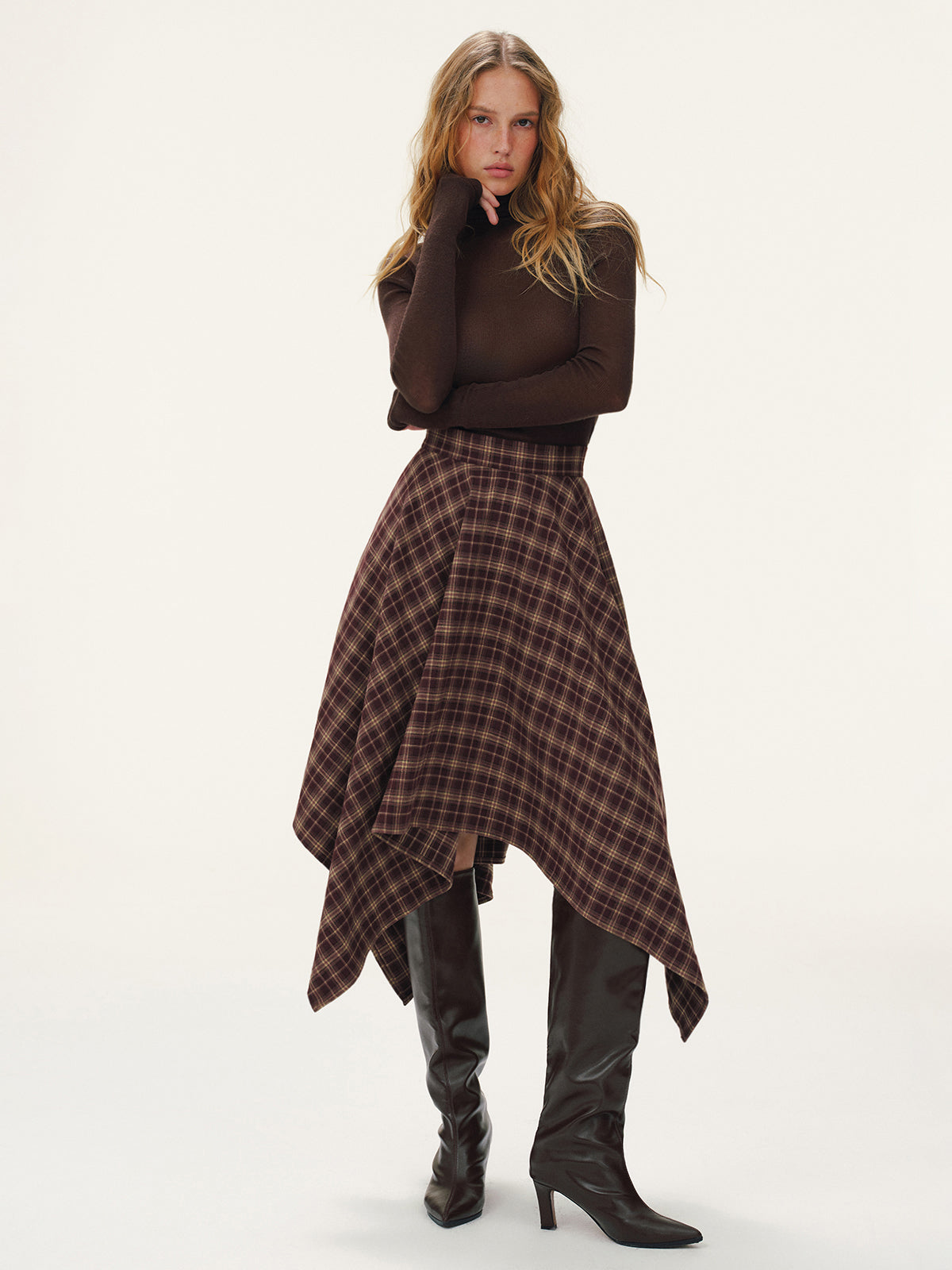 Plaid Asymmetric Midi Skirt-Chicvia