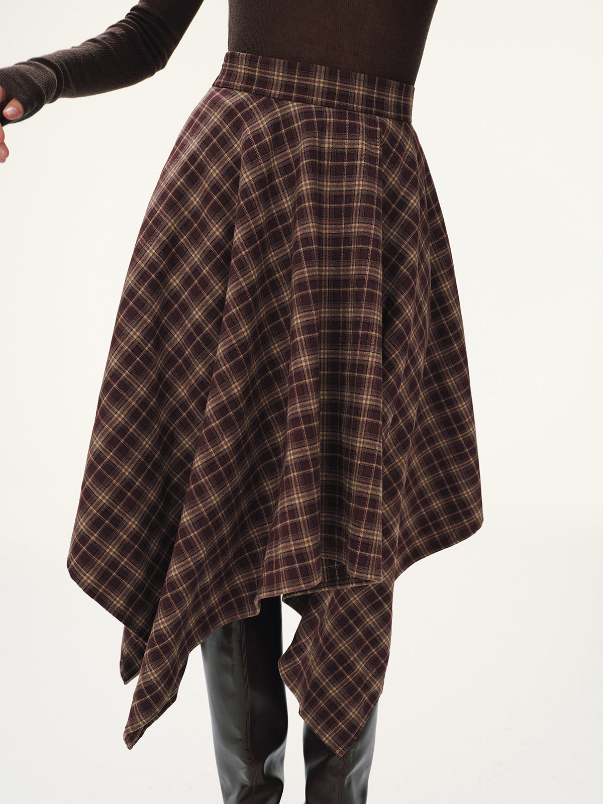 Plaid Asymmetric Midi Skirt-Chicvia