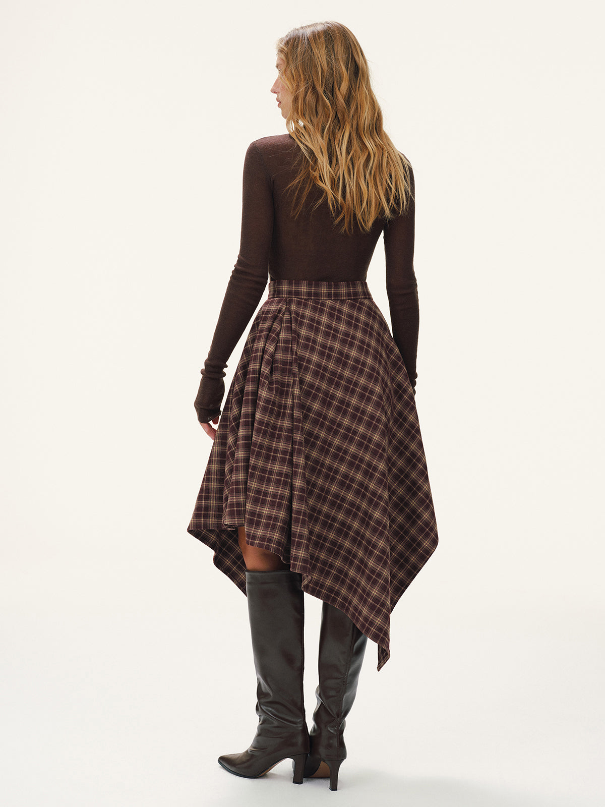 Plaid Asymmetric Midi Skirt-Chicvia