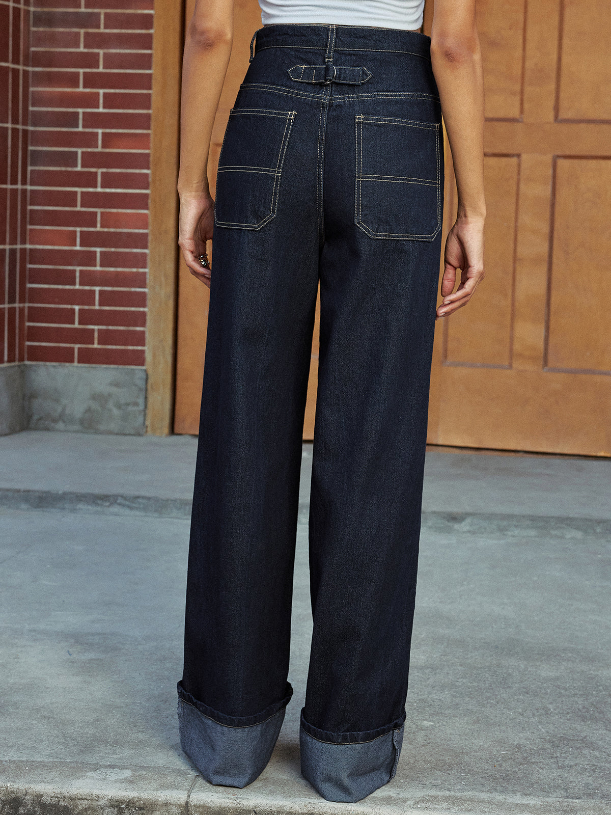 High-Waist Cuffed Wide-Leg Jeans-Chicvia