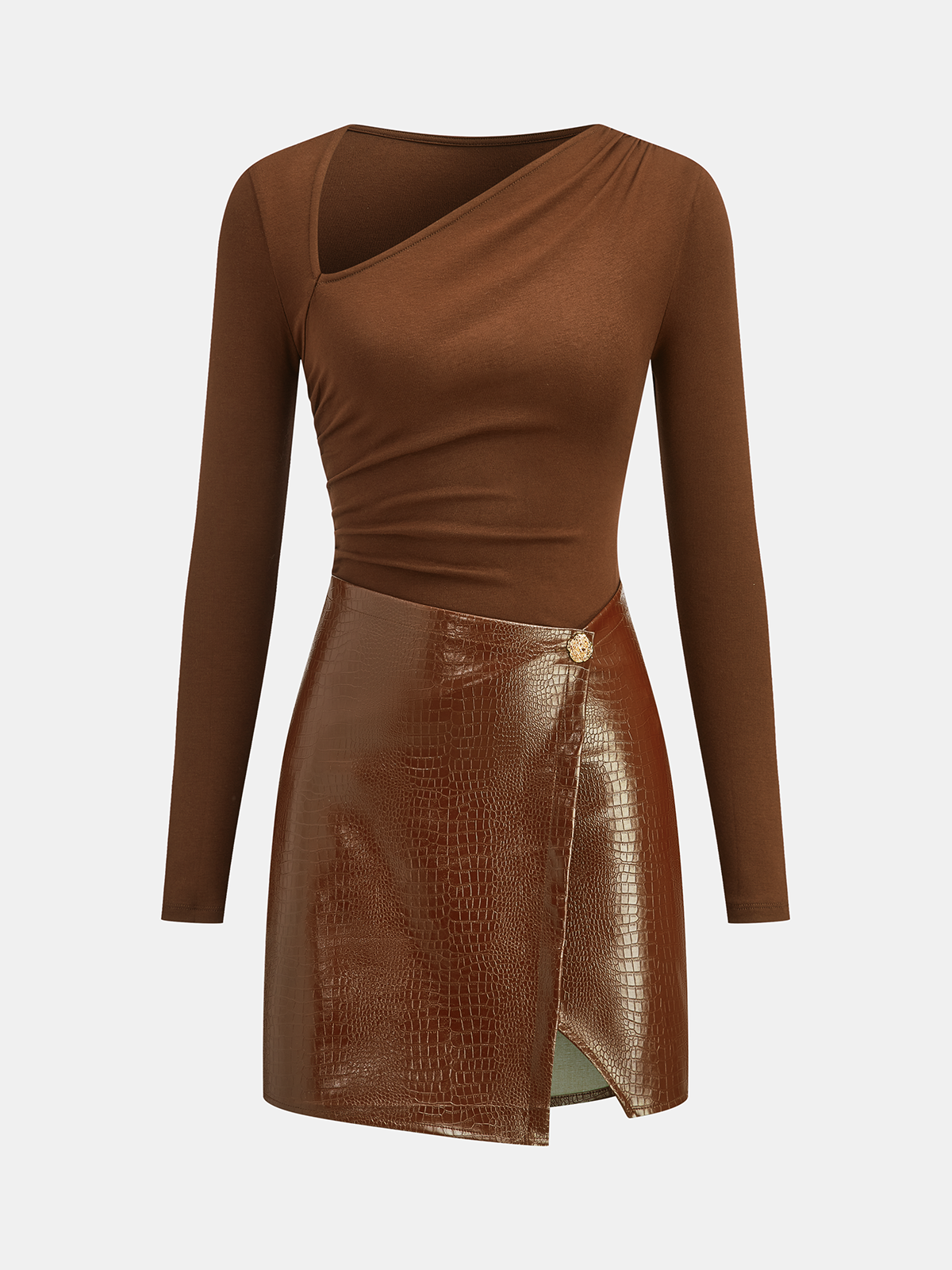 Faux Leather Paneled Knit Mini Dress-Chicvia