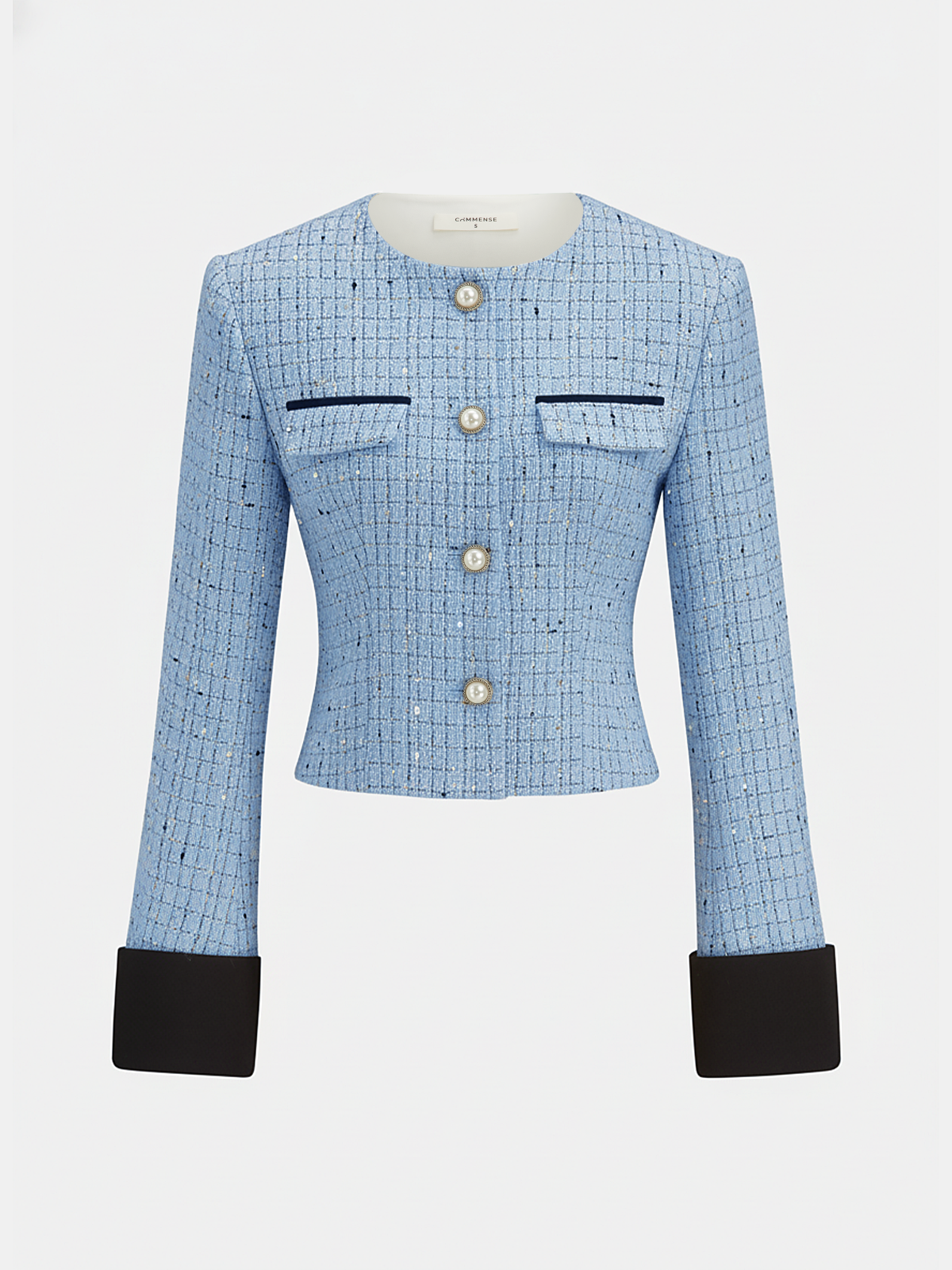 Contrast Cuff Pearl Button Tweed Jacket-Chicvia