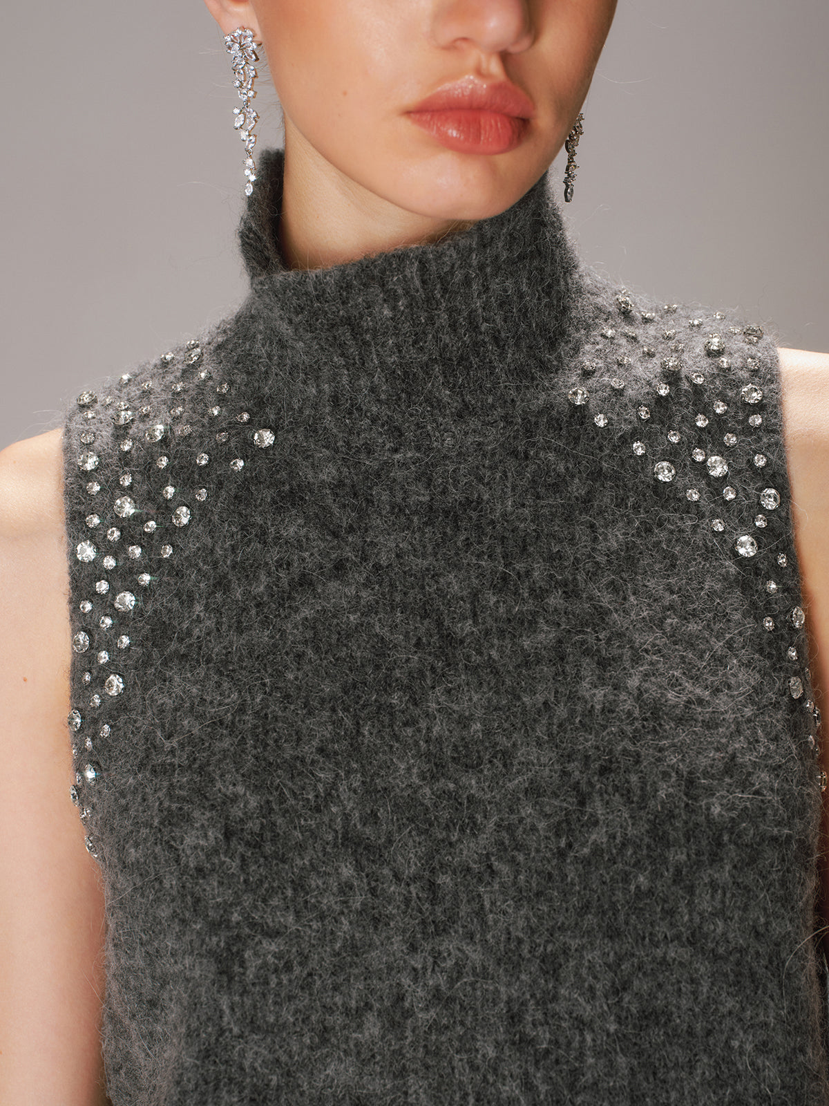 Crystal Embellished Wool-Blend Sweater Vest-Chicvia
