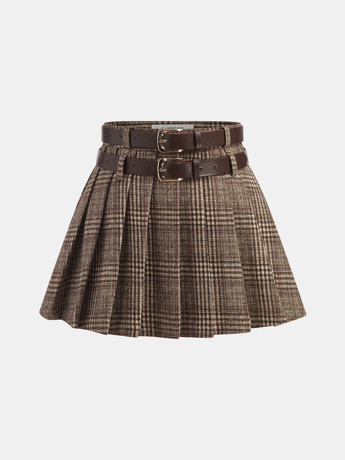 Double Belt Plaid Pleated Mini Skirt-Chicvia