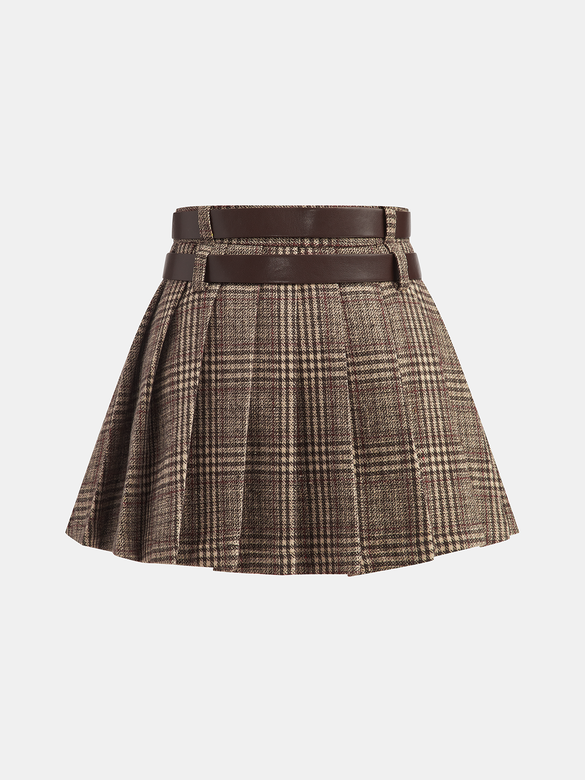 Double Belt Plaid Pleated Mini Skirt-Chicvia