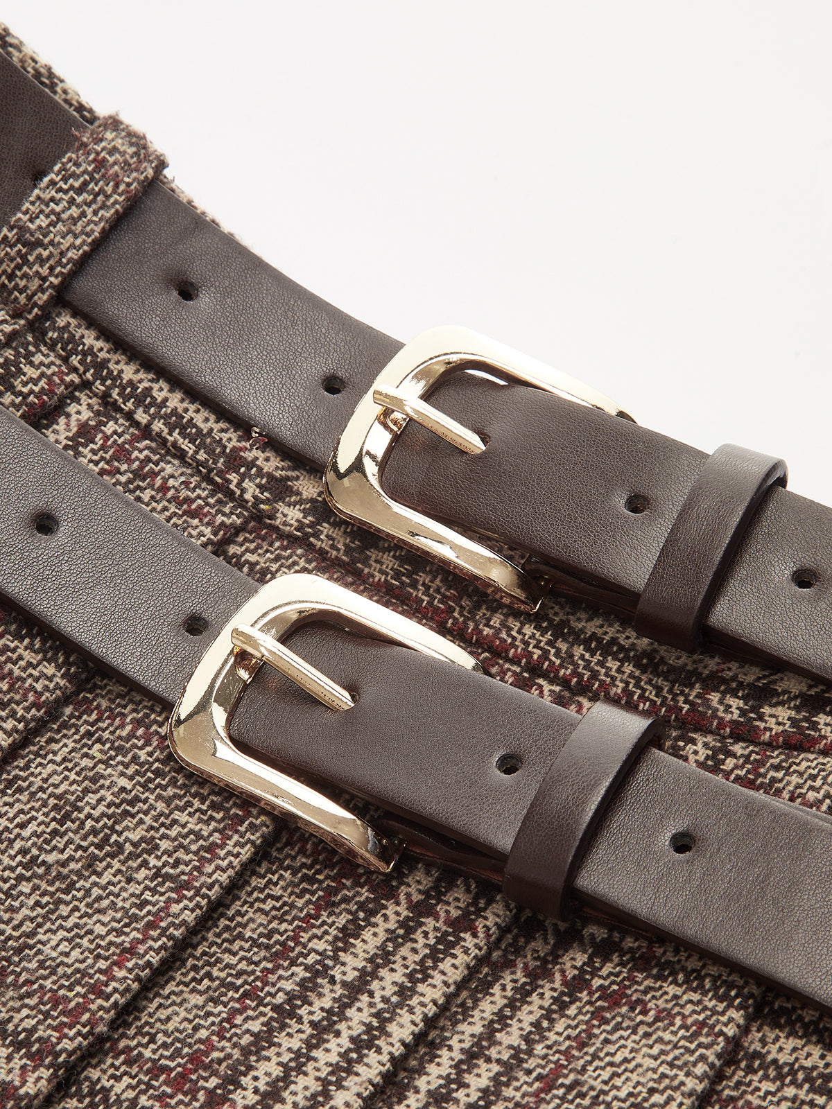 Double Belt Plaid Pleated Mini Skirt-Chicvia