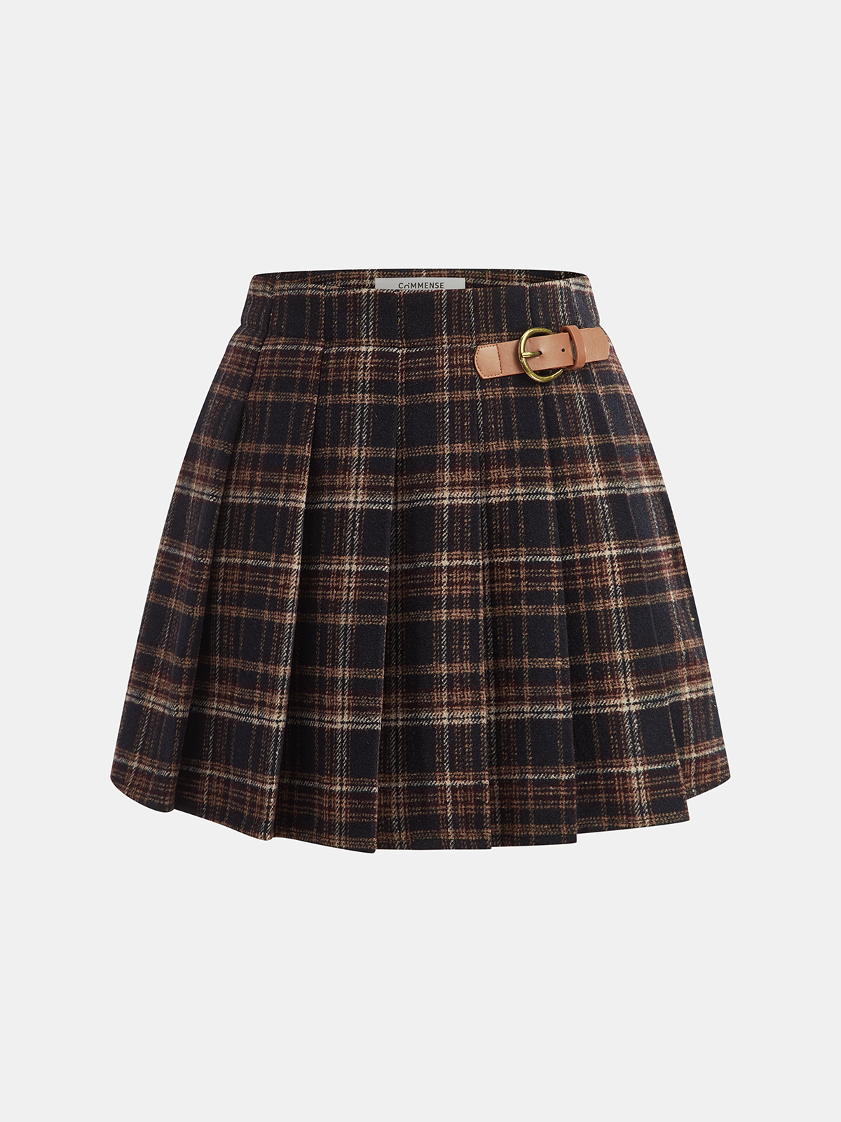 Buckle Detail Plaid Pleated Mini Skirt-Chicvia