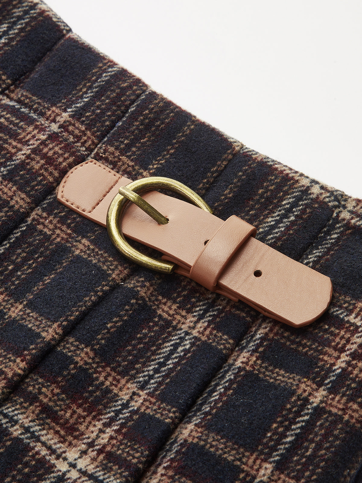 Buckle Detail Plaid Pleated Mini Skirt-Chicvia
