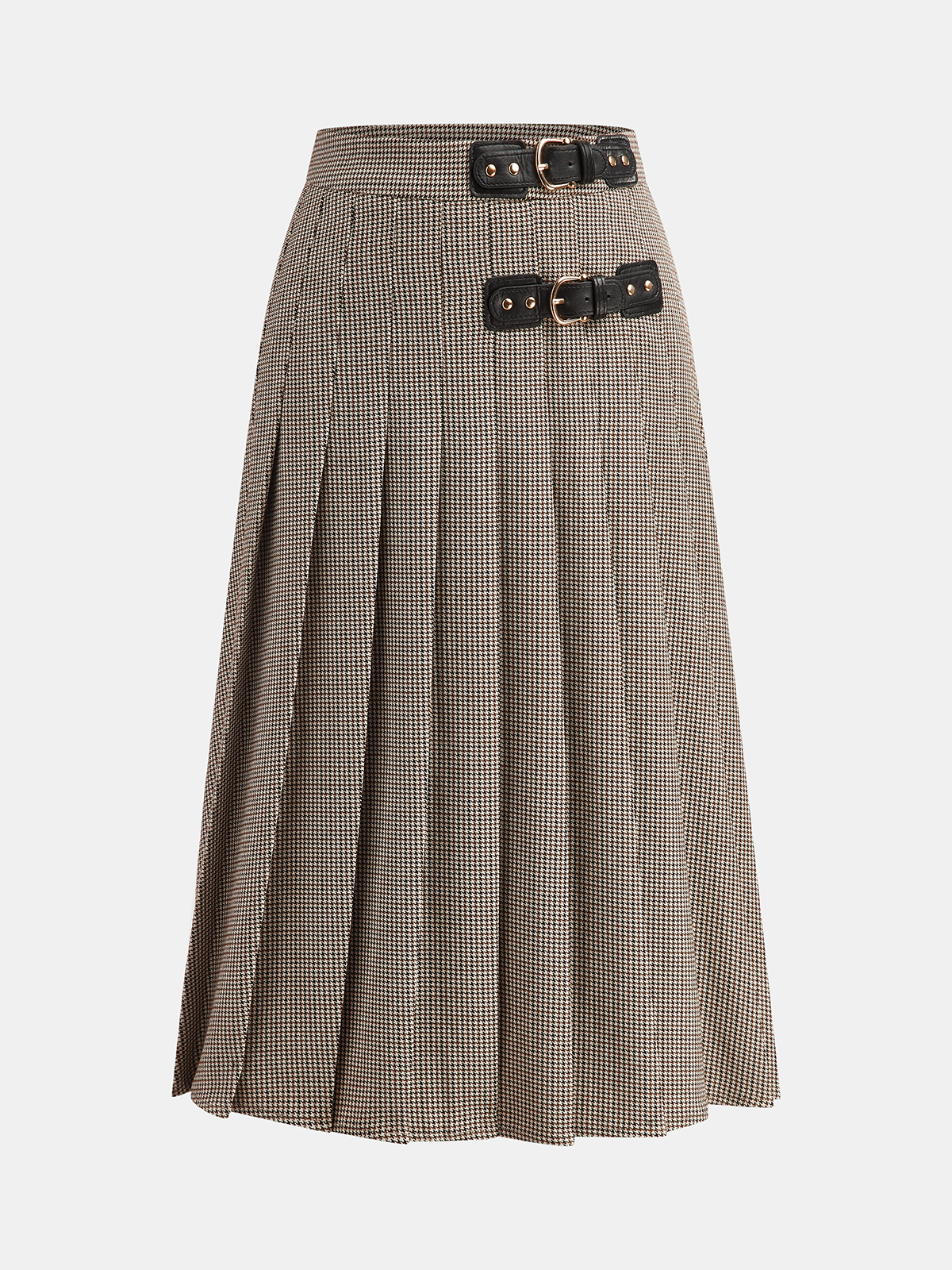 Buckle Detail Houndstooth Pleated Midi Skirt-Chicvia