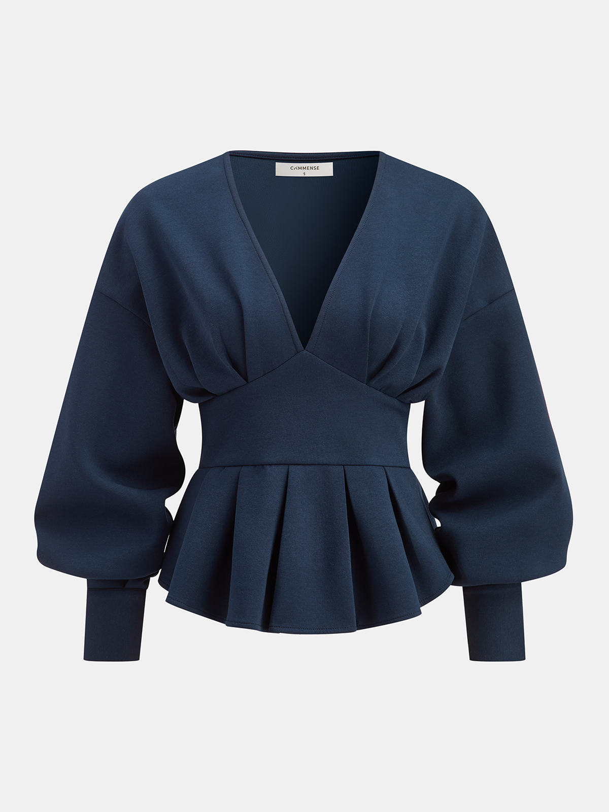 Deep V Neck Puff Sleeve Peplum Top-Chicvia