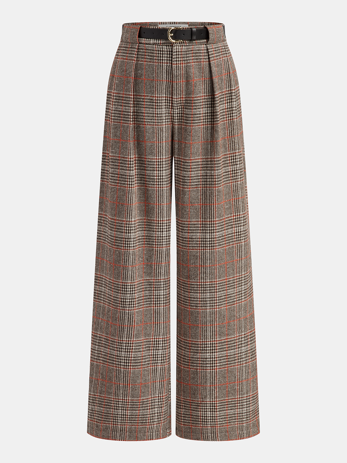 Belted Plaid Tweed Wide-Leg Pants-Chicvia