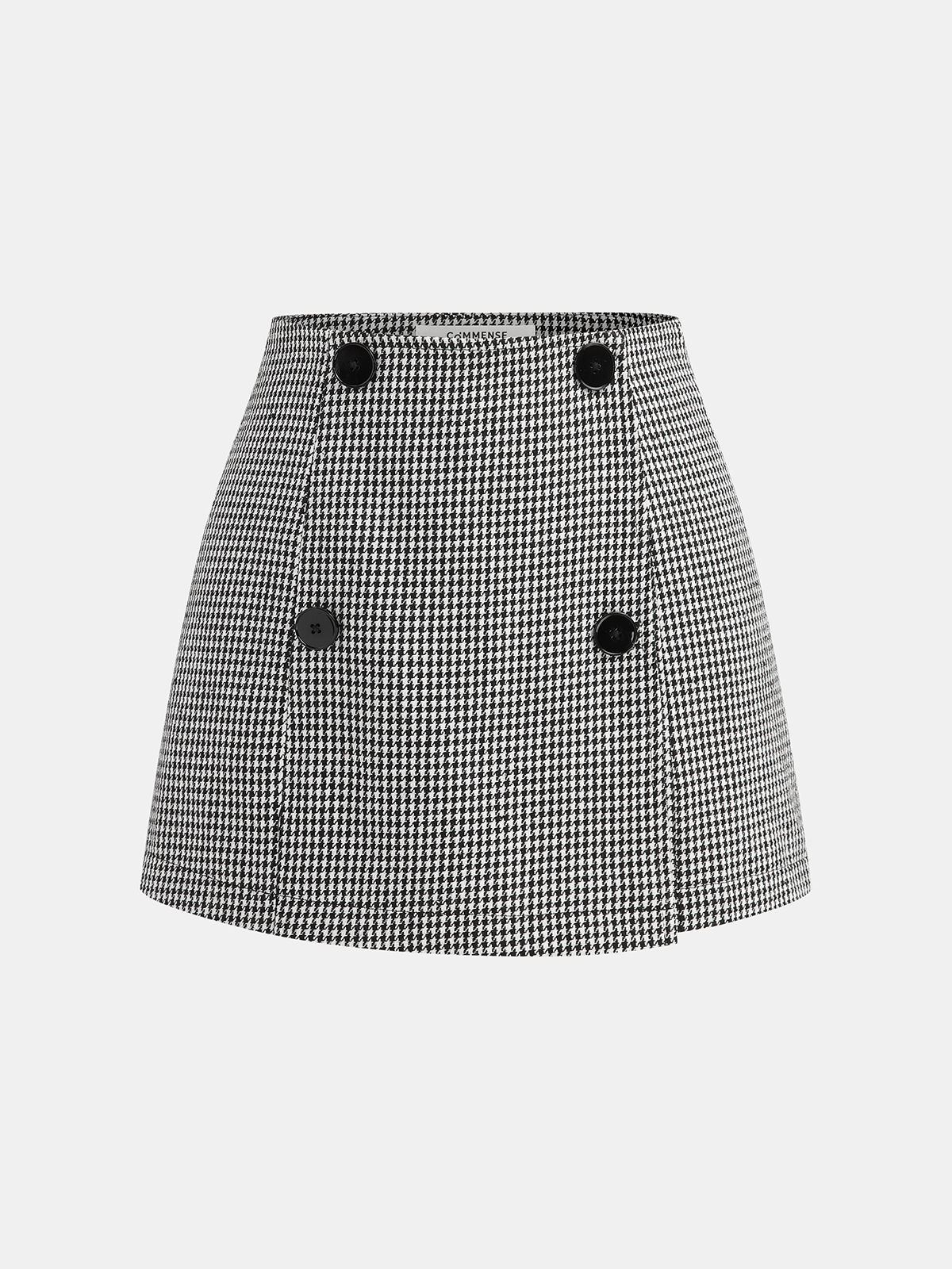 Houndstooth Tweed Double-Breasted Mini Skirt-Chicvia