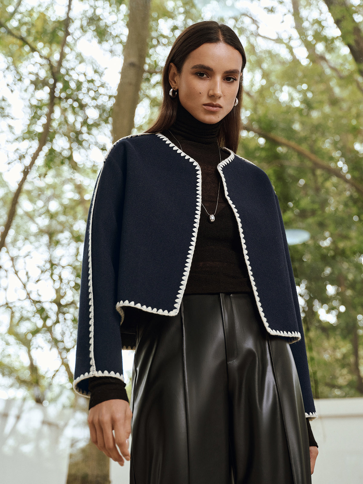 Contrast Scallop Trim Tweed Jacket-Chicvia