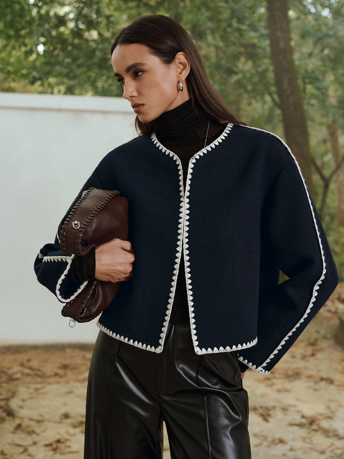 Contrast Scallop Trim Tweed Jacket-Chicvia