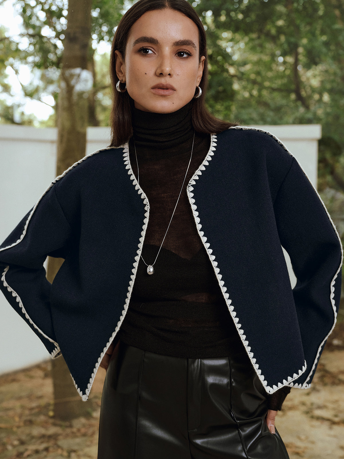 Contrast Scallop Trim Tweed Jacket-Chicvia