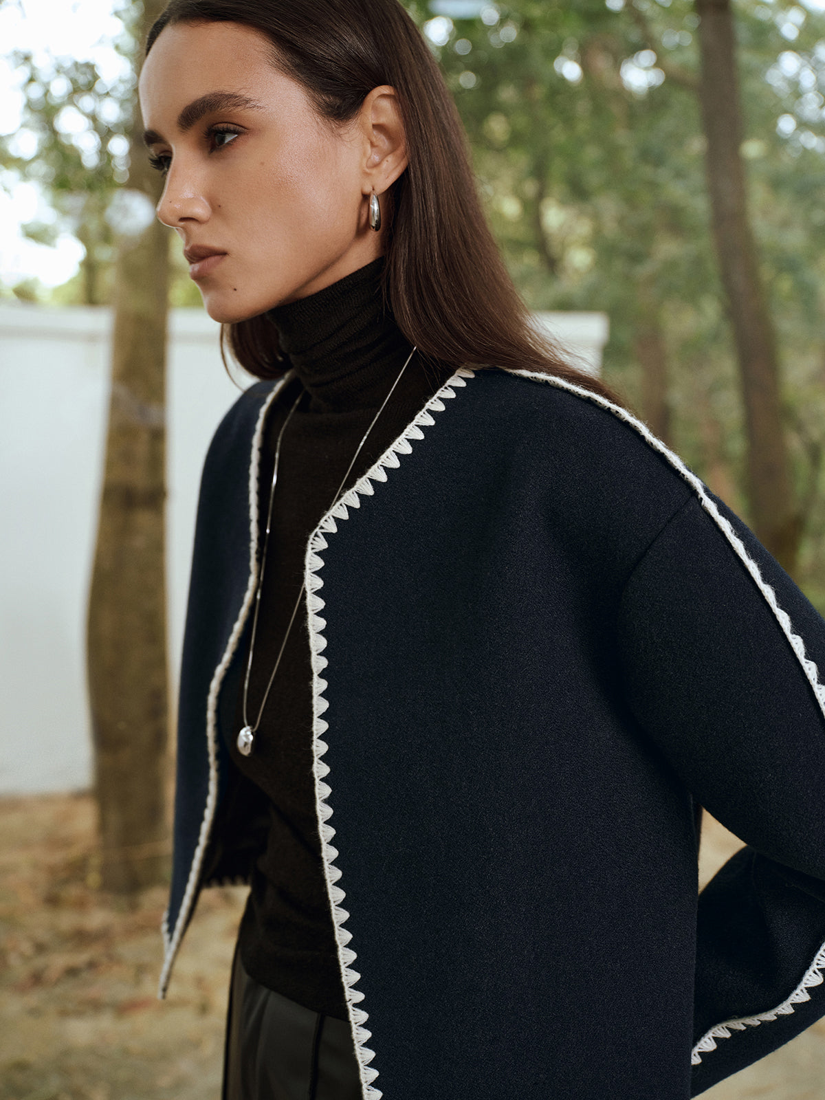 Contrast Scallop Trim Tweed Jacket-Chicvia