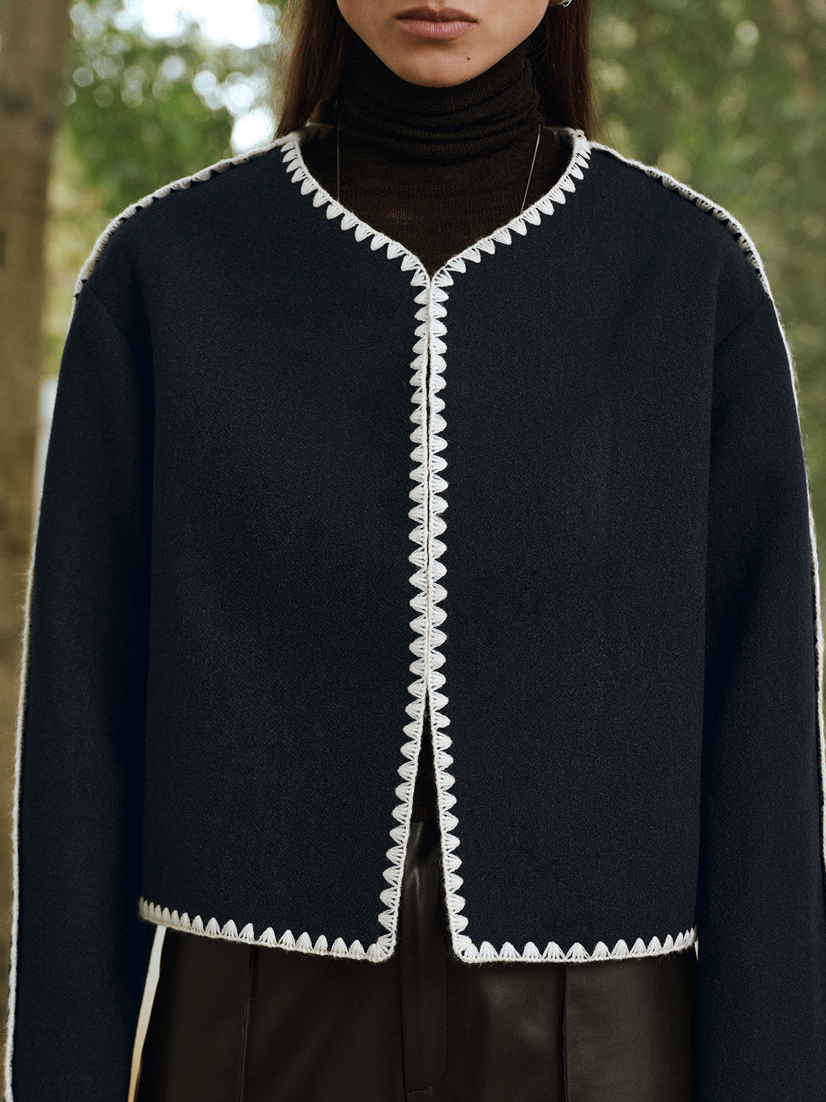 Contrast Scallop Trim Tweed Jacket-Chicvia