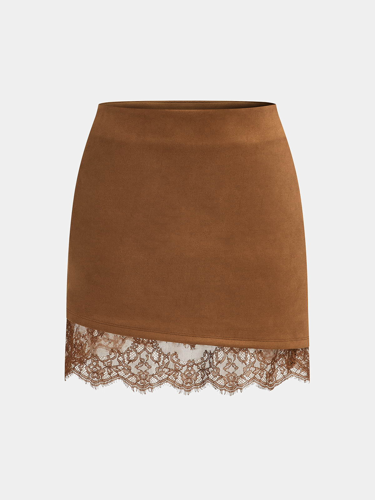 Lace Hem Suede Effect Mini Skirt-Chicvia
