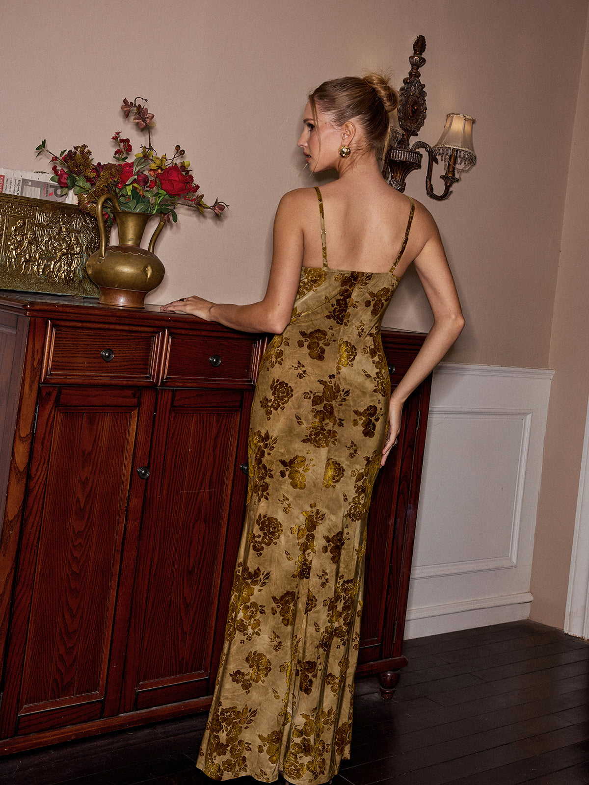 Floral Jacquard Cami Maxi Dress-Chicvia