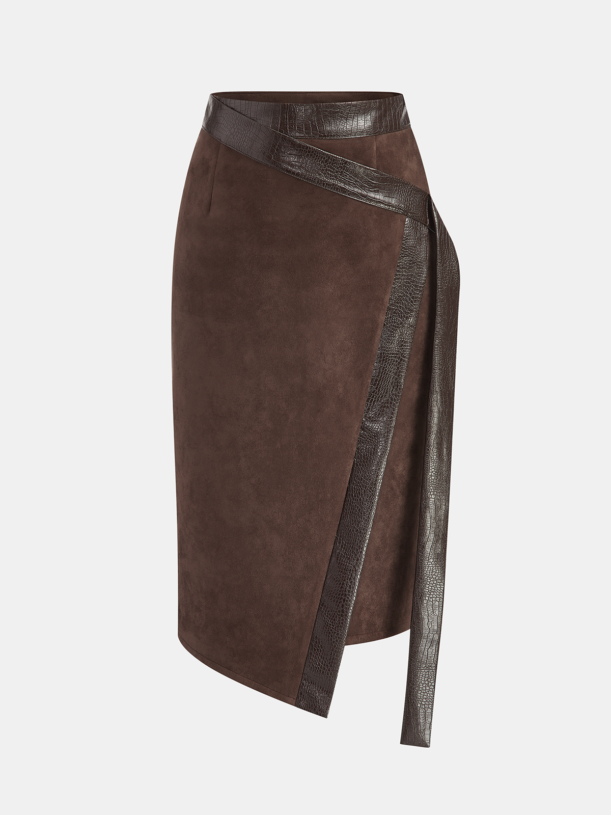 Crocodile PU Leather Panel Suede Effect Midi Skirt-Chicvia