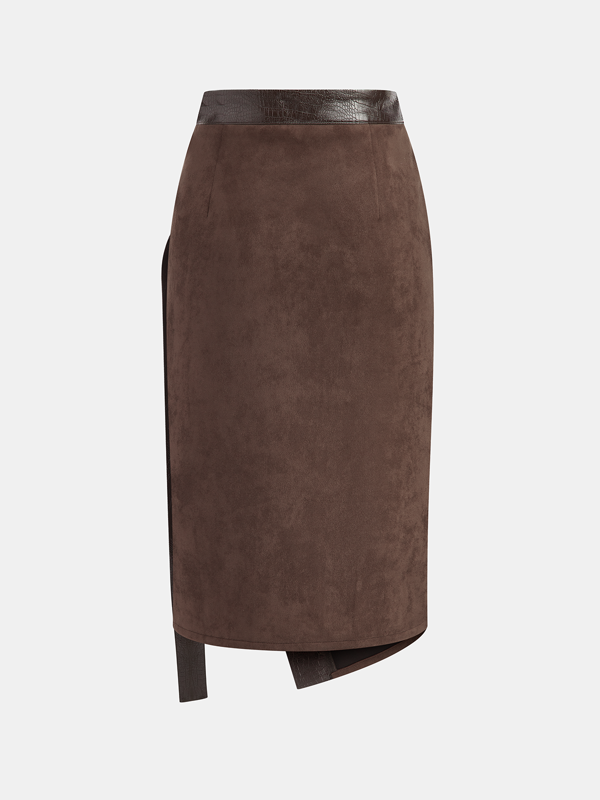 Crocodile PU Leather Panel Suede Effect Midi Skirt-Chicvia